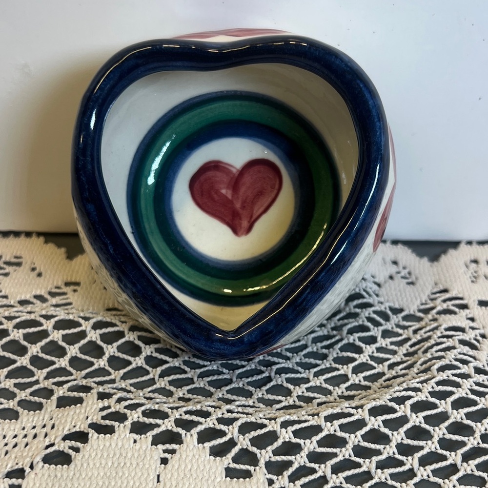 Heart-Shaped Ceramic Bowl with Multicolor Design Gail Pittman undated